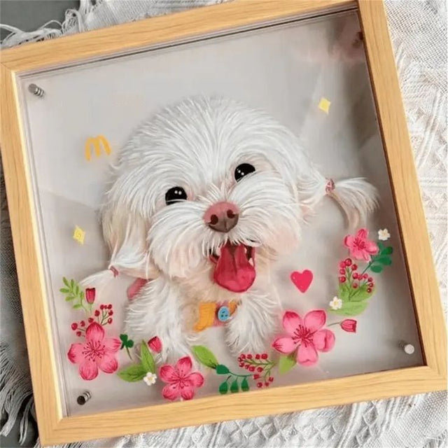 Floating Memory Gallery Comparing 3D Pet Portraits in Acrylic Glass and Canvas