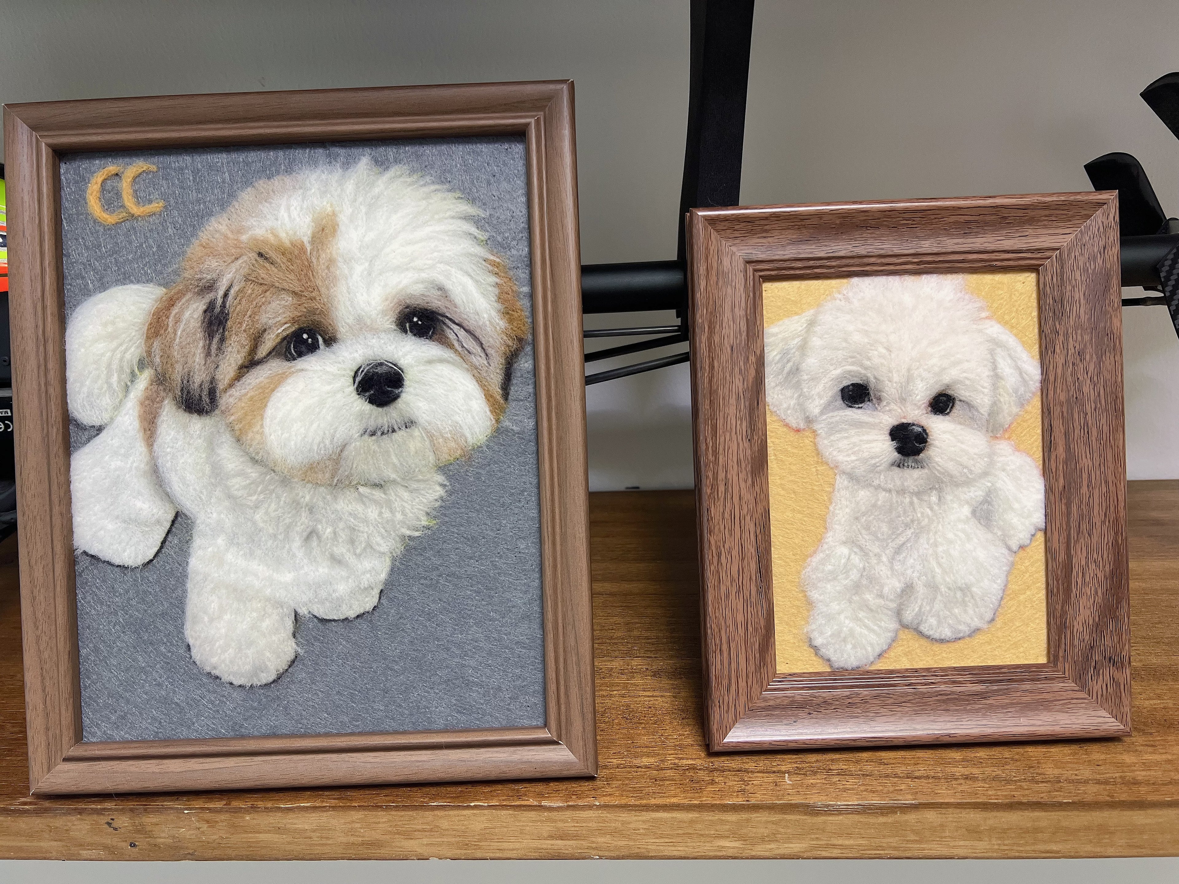 Custom handmade wool felt dog portraits in wooden frames, unique 3D needle felted pet memorial gifts.